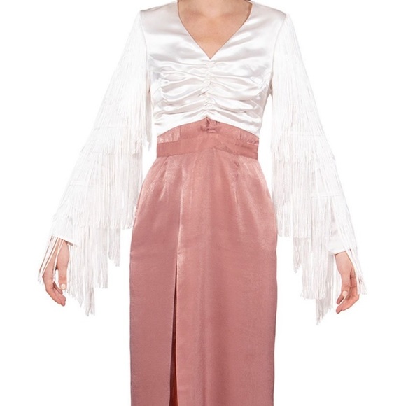 CIAO SEA White Satin Tassel Long sleeve Crop Top - Picture 3 of 9